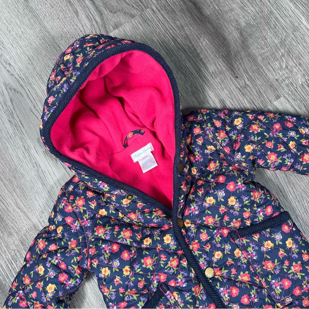 Ralph Lauren Baby Fleece Snow Suit Quilted Hooded Overall Floral 6 Months Snap